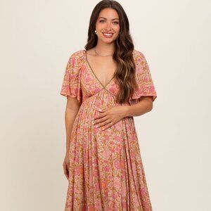 Pink Floral V-Neck Short Flutter Sleeve Maternity Maxi Dress